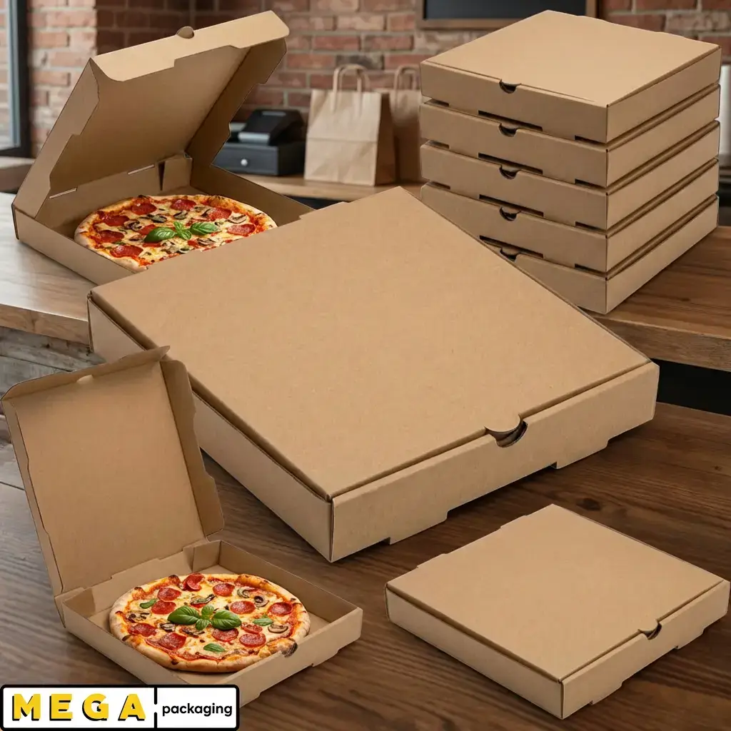 Plain Pizza Box - 10" x100 corrugated cardboard E-flute brown Kraft white ventilation holes locking tabs flat-pack pizzeria restaurant takeaway UK