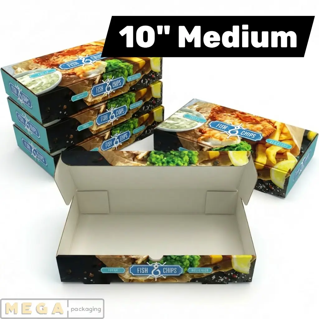 Fish & Chips Box 10 inch x100 large printed hinged lid cardboard takeaway container 255mm x 155mm x 55mm grease-resistant food-grade UK