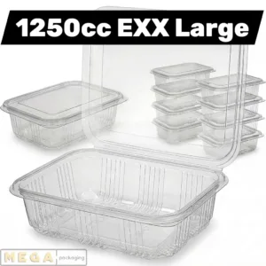 Hinged Plastic Container 1250cc clear transparent food container ridged sides secure closure stackable design