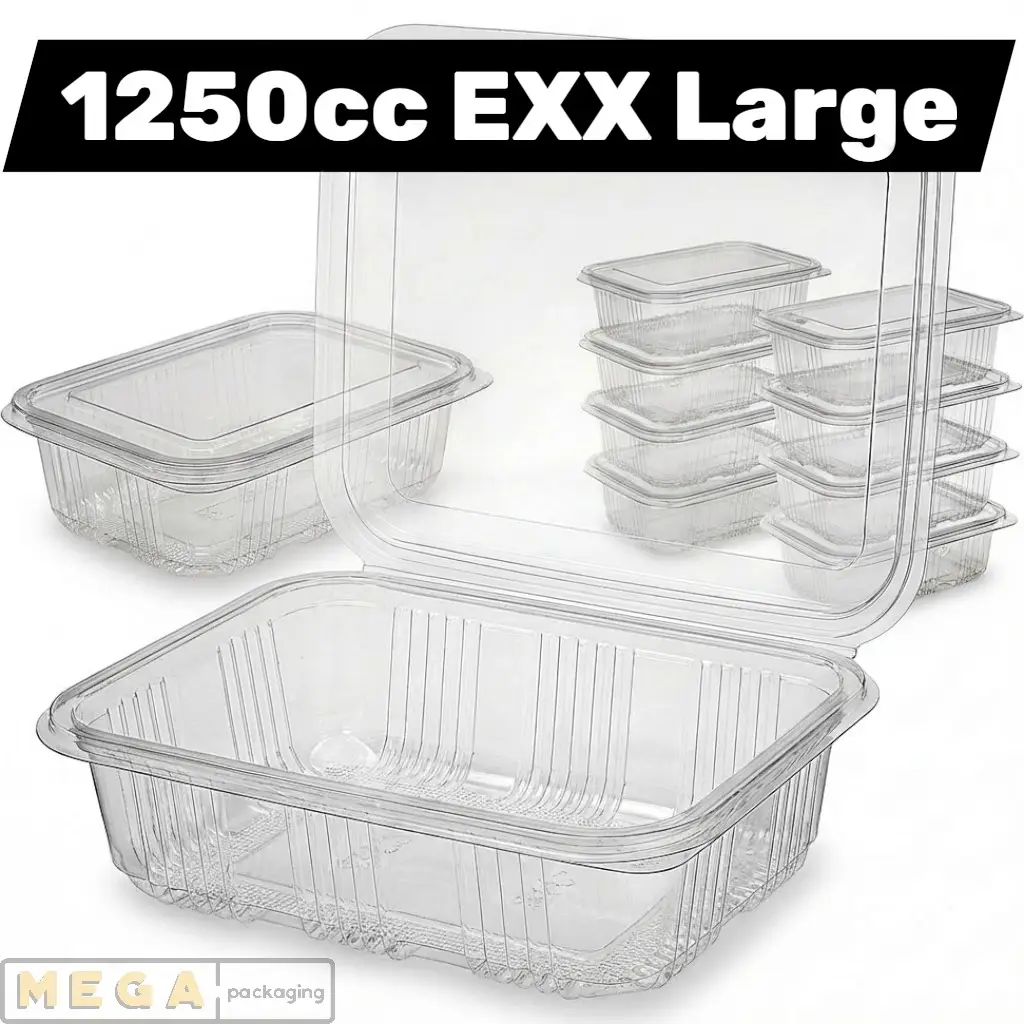 Hinged Plastic Container 1250cc clear transparent food container ridged sides secure closure stackable design