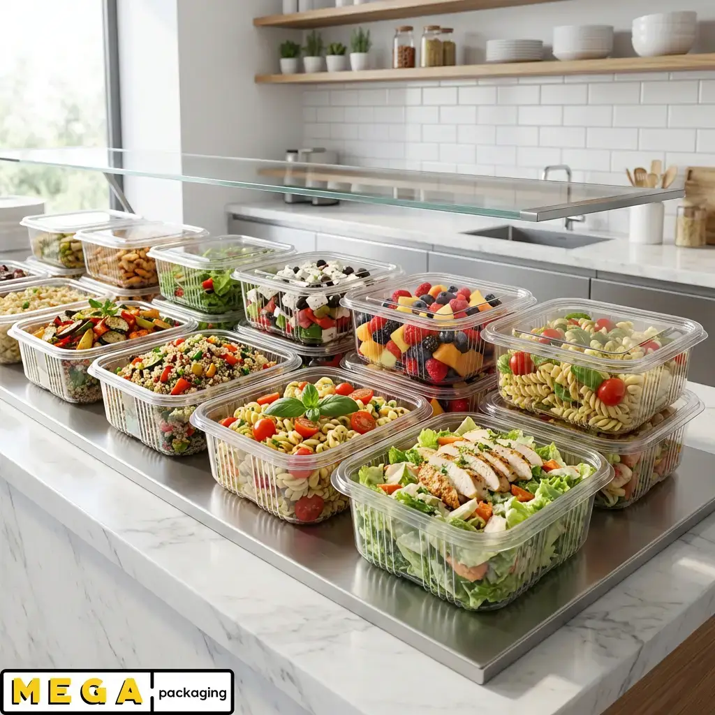 Hinged Plastic Container 1250cc clear transparent food container ridged sides secure closure stackable design