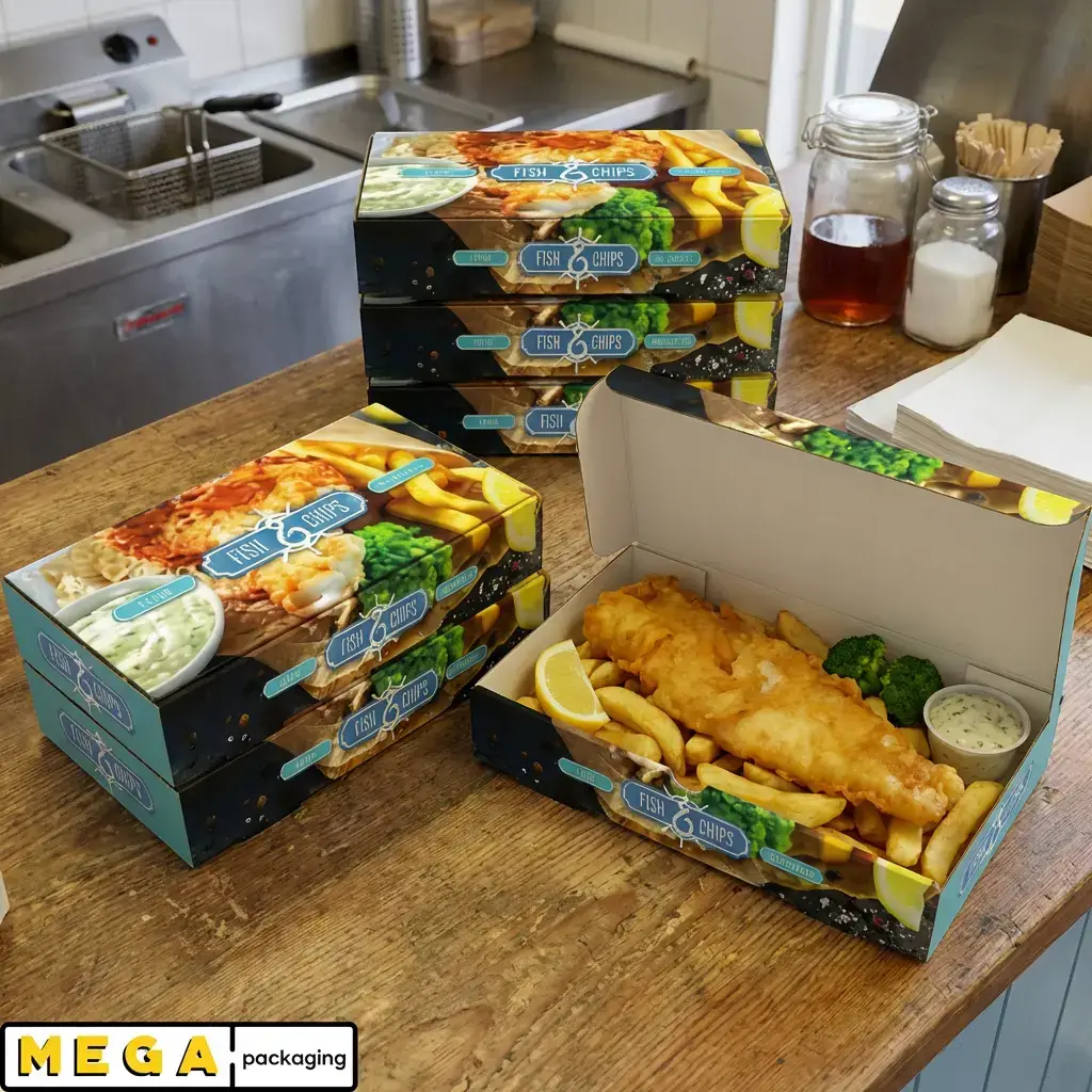 Fish & Chips Box 12 inch x100 extra large printed hinged lid cardboard takeaway container 315mm x 155mm x 55mm grease-resistant food-grade UK