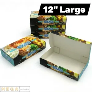 Fish & Chips Box 12 inch x100 extra large printed hinged lid cardboard takeaway container 315mm x 155mm x 55mm grease-resistant food-grade UK