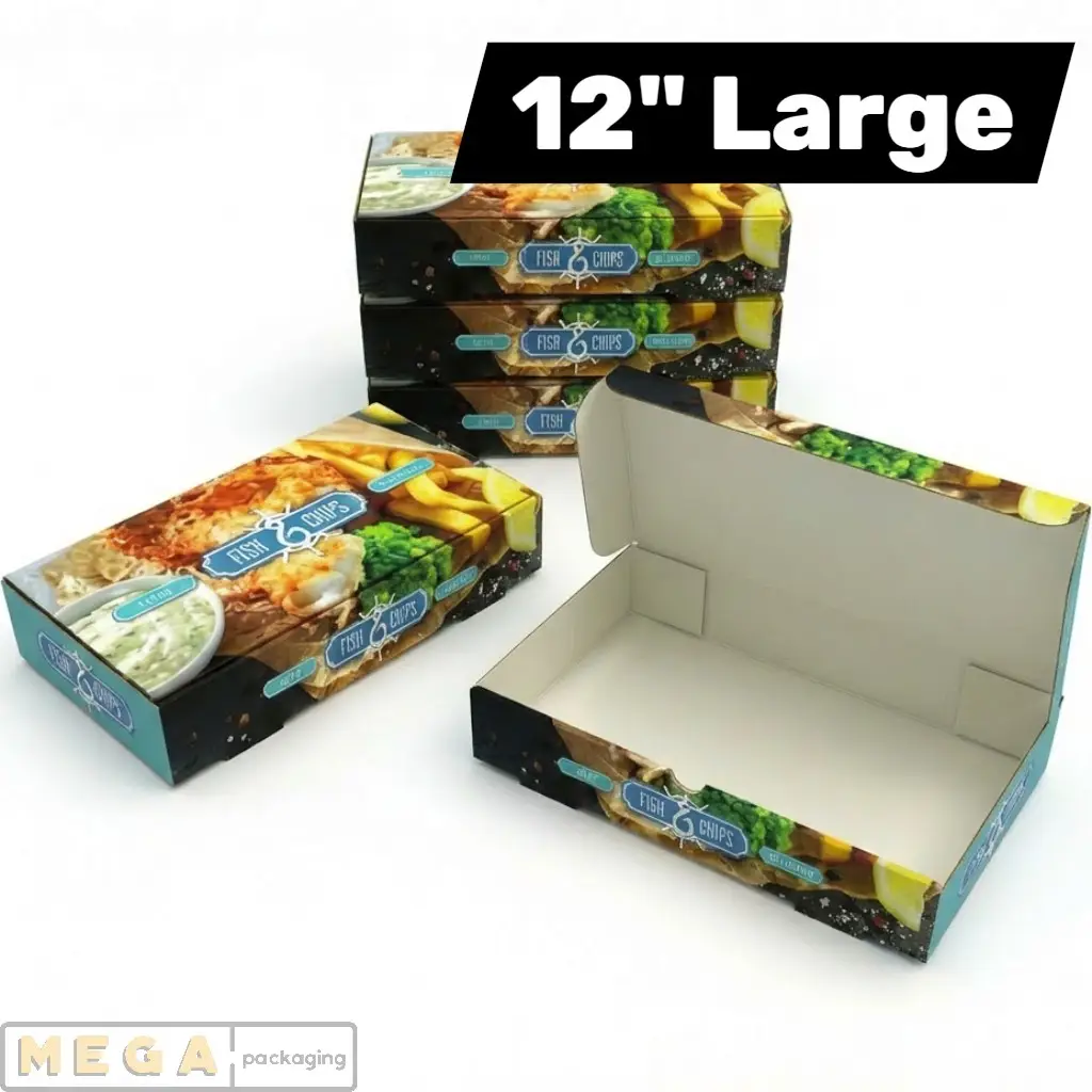 Fish & Chips Box 12 inch x100 extra large printed hinged lid cardboard takeaway container 315mm x 155mm x 55mm grease-resistant food-grade UK