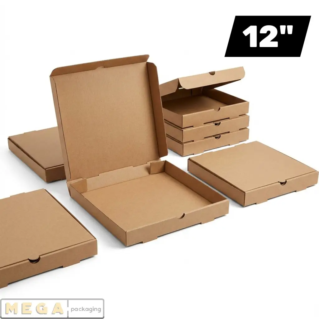 Plain Pizza Box - 12" x100 corrugated cardboard E-flute brown Kraft white ventilation holes locking tabs flat-pack pizzeria restaurant takeaway UK