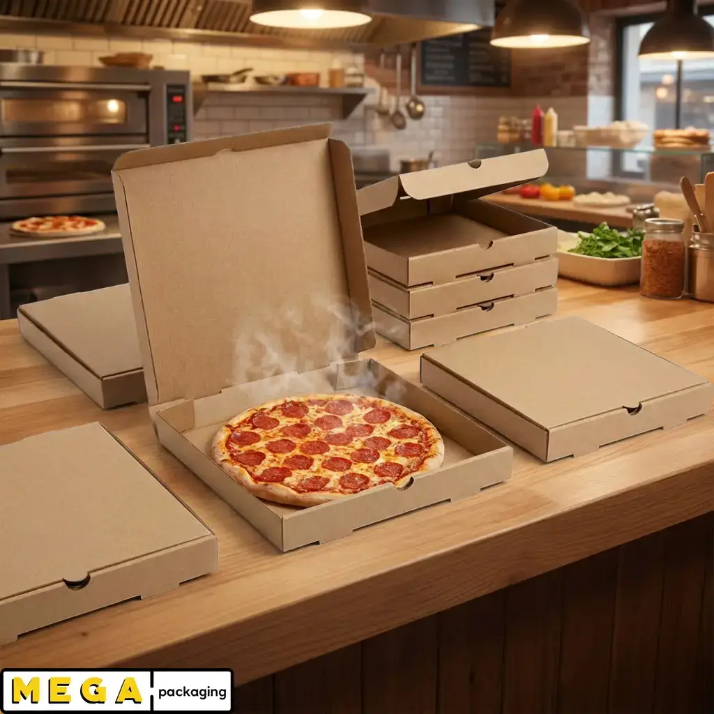 Plain Pizza Box - 12" x100 corrugated cardboard E-flute brown Kraft white ventilation holes locking tabs flat-pack pizzeria restaurant takeaway UK