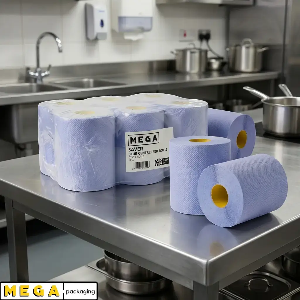Blue Roll 150M x6 centrefeed industrial paper towel blue embossed absorbent cleaning wiping 6 rolls