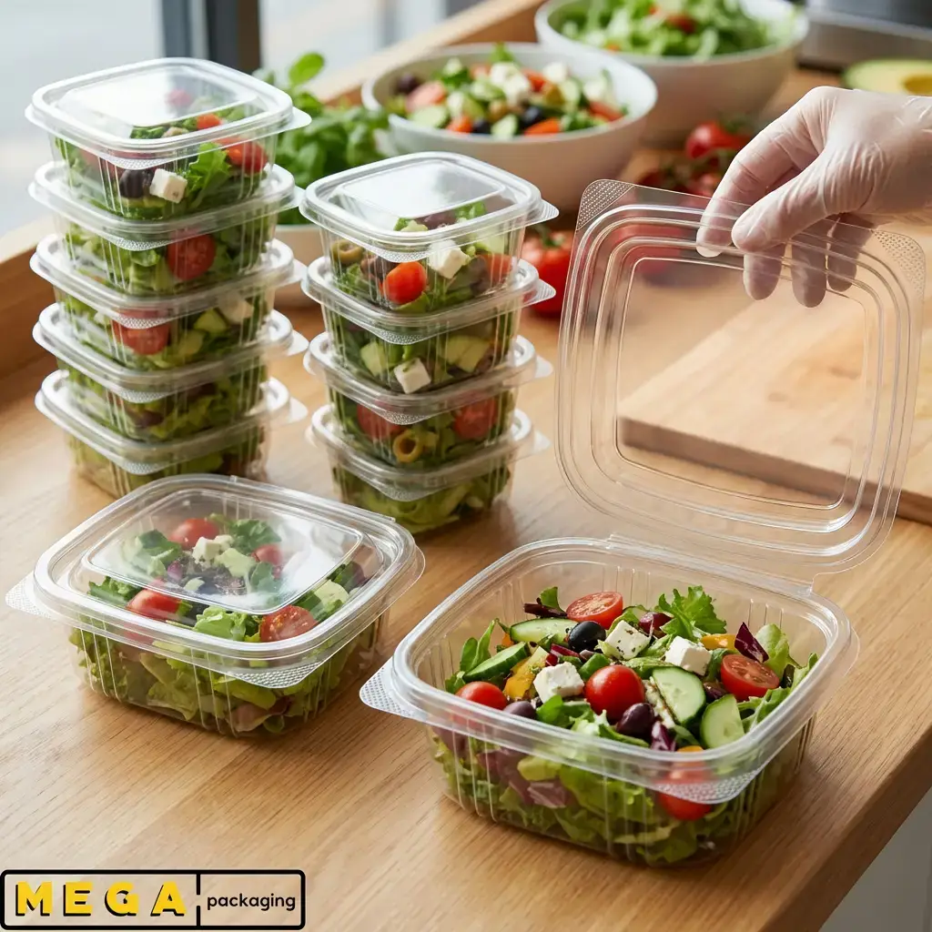 Hinged Plastic Container 250cc clear transparent food container secure snap closure