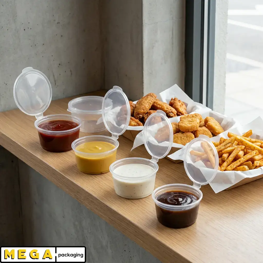 Hinged Pot 2oz x1000 clear plastic round sauce container transparent hinged lid 1000 pack bulk wholesale catering restaurant food service