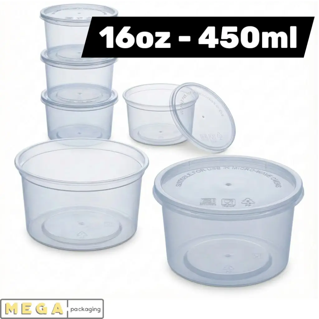 Round 450ml 16oz x250 clear plastic container heavy duty transparent food storage deli pot with lids 250 pack