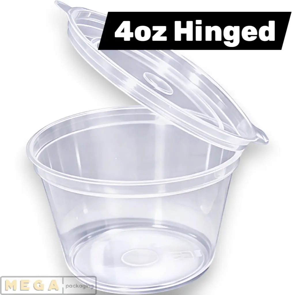 Hinged Pot 4oz x500 clear plastic round sauce container transparent hinged lid 500 pack bulk wholesale catering restaurant food service