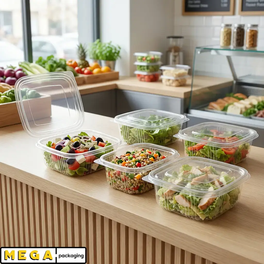 Hinged Plastic Container 500cc clear transparent food container stackable design secure closure
