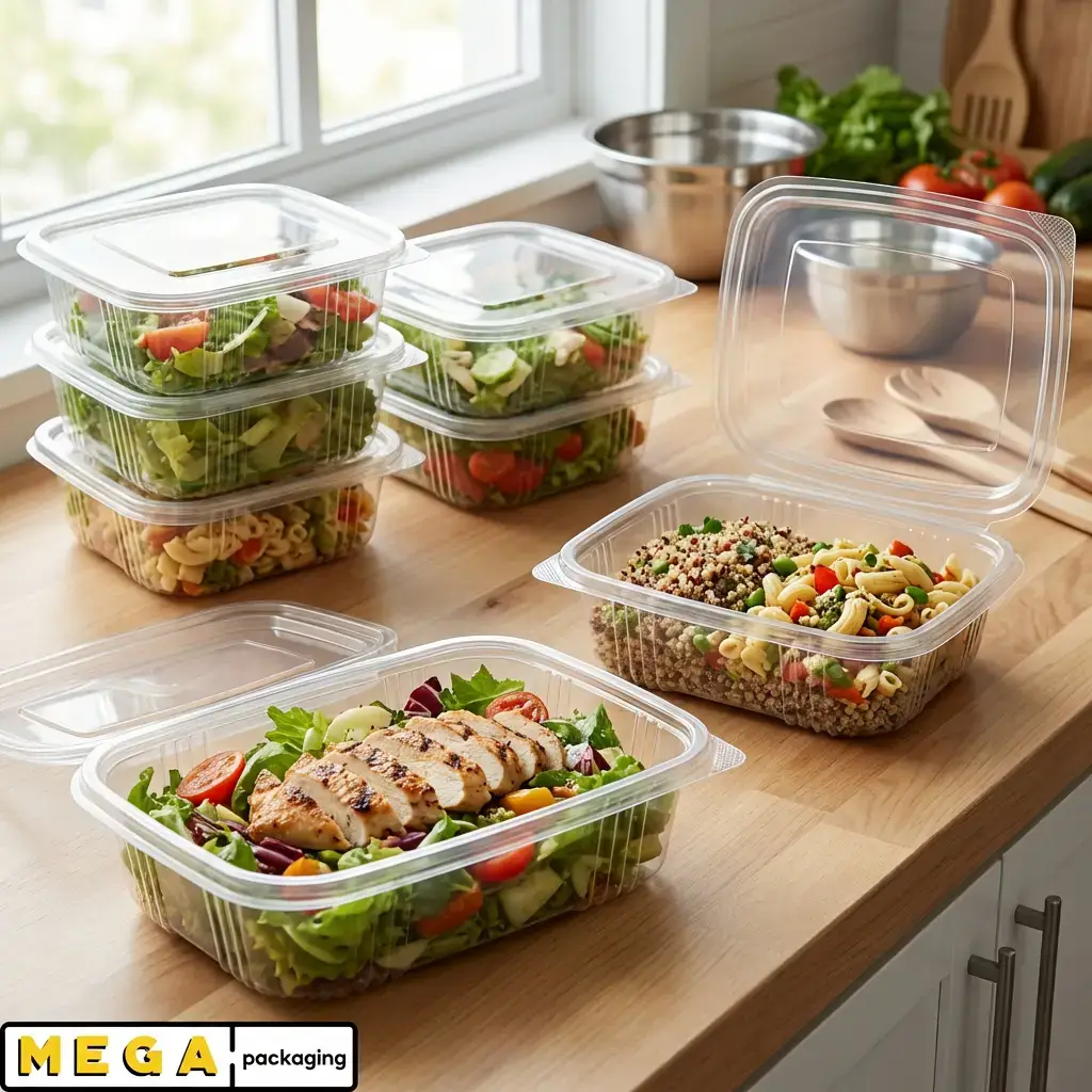Hinged Plastic Container 750cc clear transparent food container ribbed sidewalls secure closure