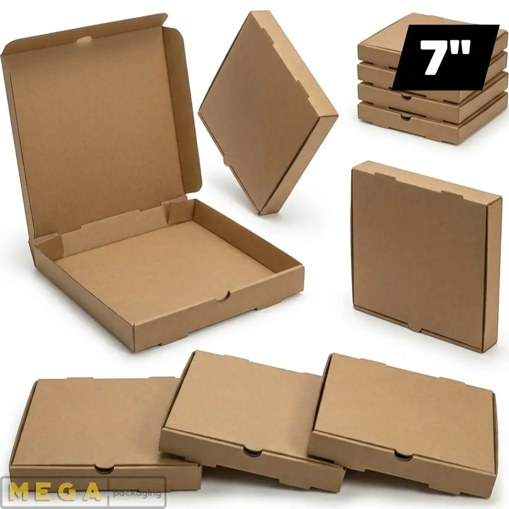 Plain Pizza Box - 7" x100 corrugated cardboard B-flute brown Kraft white ventilation holes locking tabs flat-pack pizzeria restaurant takeaway UK
