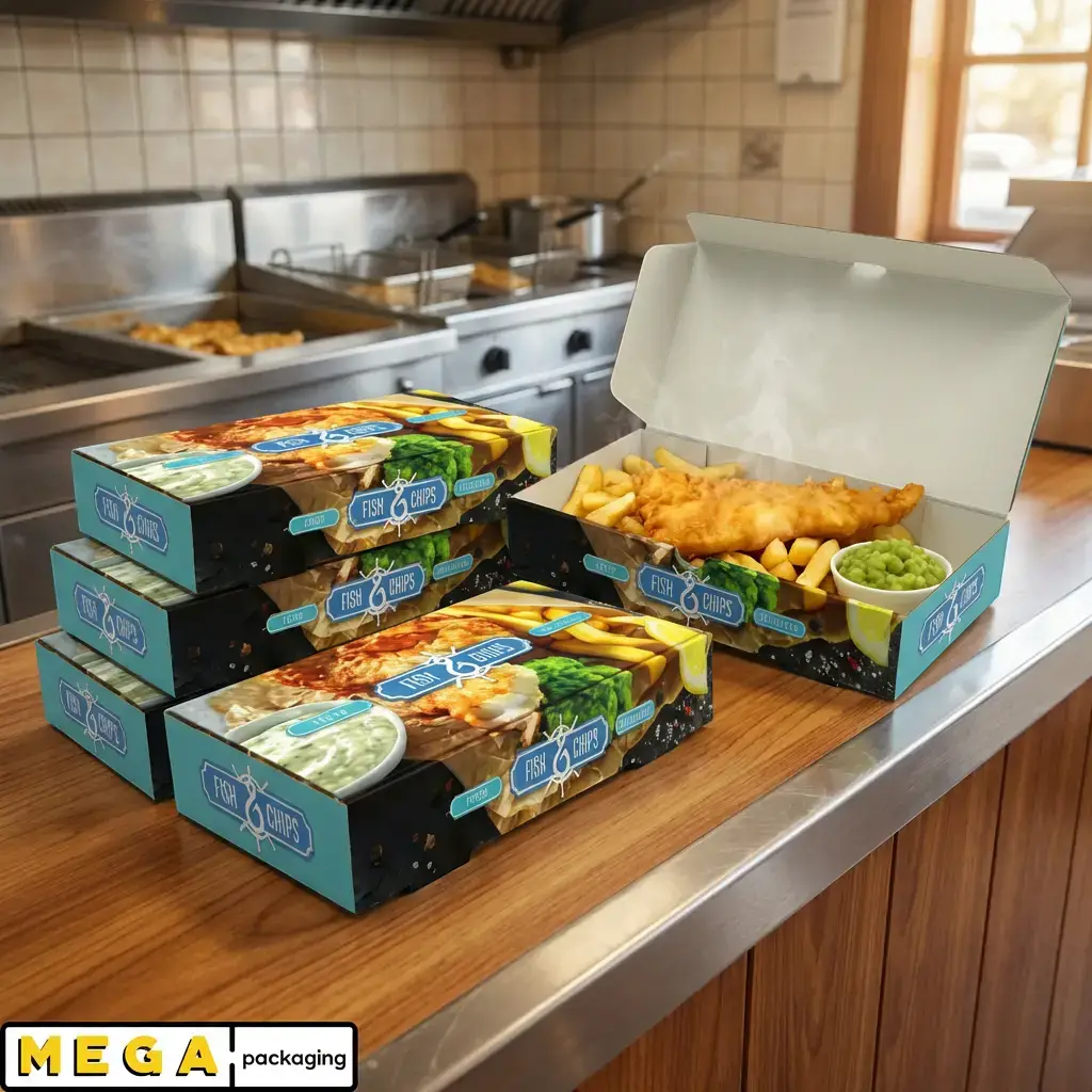 Fish & Chips Box 9 inch x100 printed hinged lid cardboard takeaway container 230mm x 150mm x 60mm grease-resistant food-grade UK