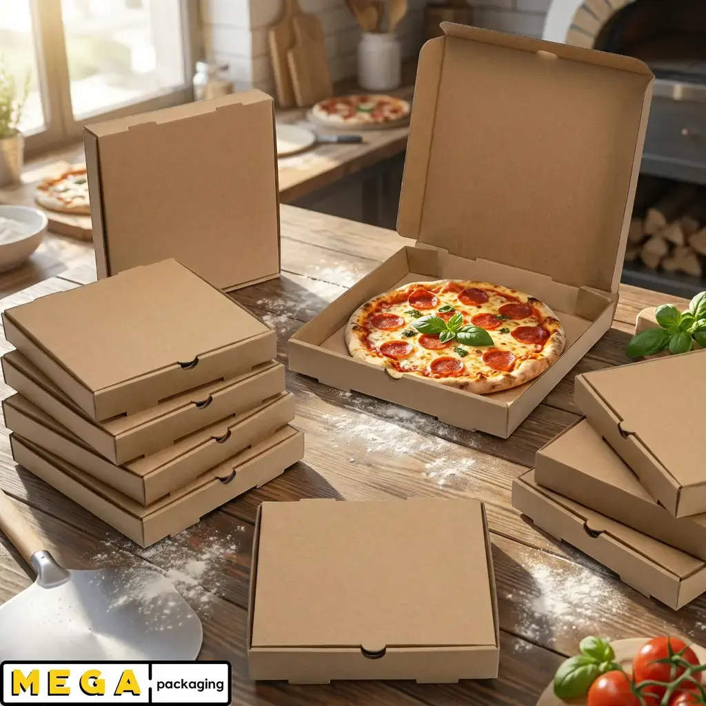 Plain Pizza Box - 9" x100 corrugated cardboard E-flute brown Kraft white ventilation holes locking tabs flat-pack pizzeria restaurant takeaway UK