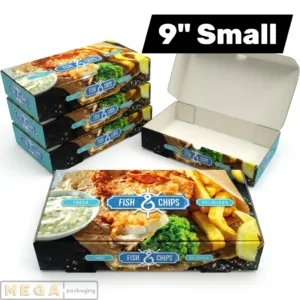 Fish & Chips Box 9 inch x100 printed hinged lid cardboard takeaway container 230mm x 150mm x 60mm grease-resistant food-grade UK