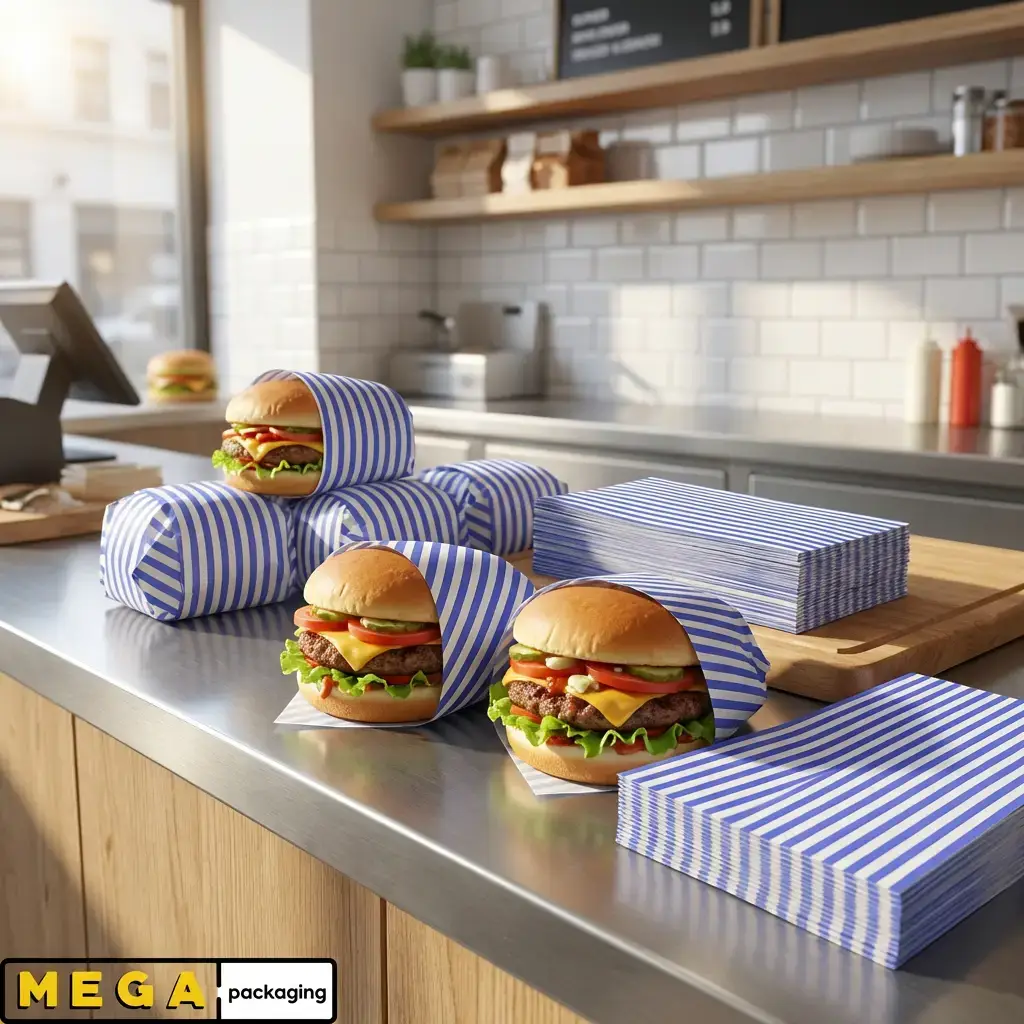 Burger Wrap Blue 2kg blue gingham checkered greaseproof paper 250mm x 320mm 1000 sheets food wrap basket liner fast food UK