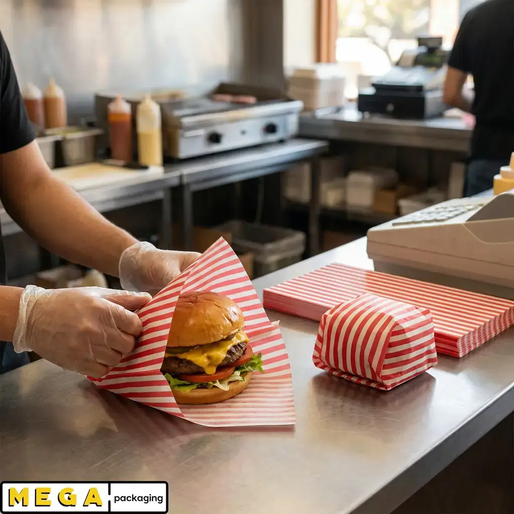Burger Wrap Red 2kg red gingham checkered greaseproof paper 250mm x 320mm 1000 sheets food wrap basket liner fast food UK