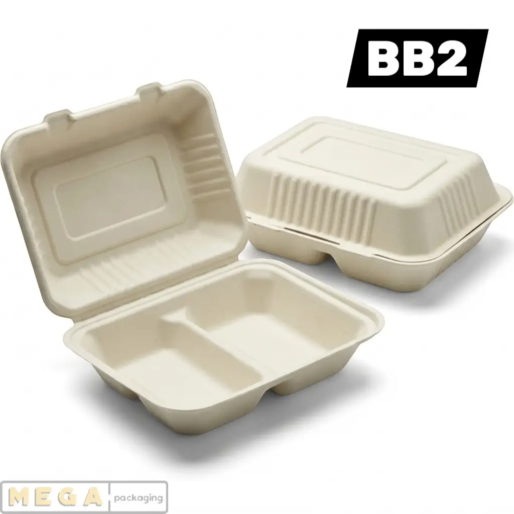 Bagasse containers 9x6 two compartment compostable takeaway box BB2
